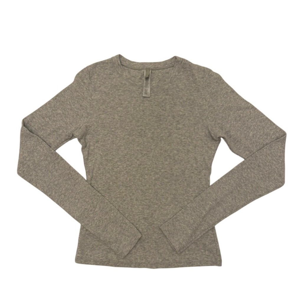 Skims Cotton Rib Long Sleeve T-Shirt, Medium, Grey, Slim Fit Crew Neck, MSRP $54